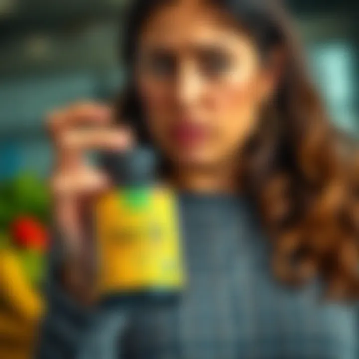 A vegetarian holding a bottle of multivitamins labeled with fish oil, looking conflicted