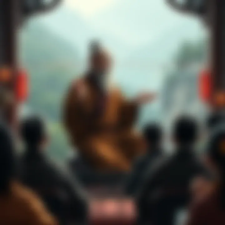 Venerable Guo Yuan gives a lecture on mindfulness with people listening attentively in a serene setting.
