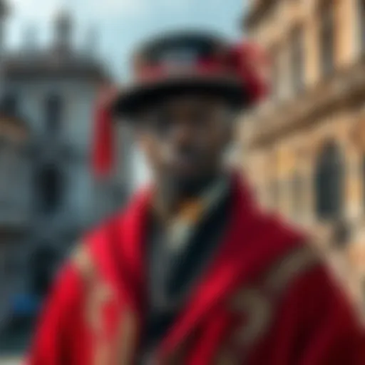 A formal portrait of a member of the Venetian Black Nobility, dressed in traditional attire, with historical Venetian architecture in the background.