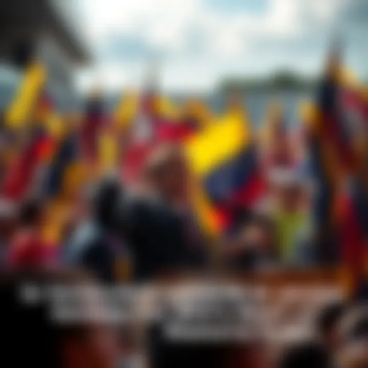 Venezuelan President Speaking at Rally Venezuelan president addressing a crowd at a political rally, with supporters holding flags in the background