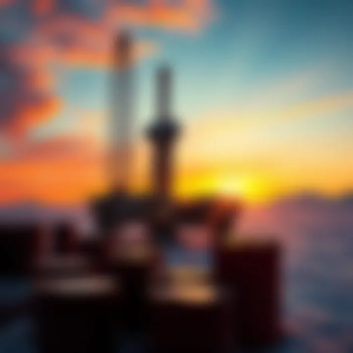 A drilling rig in the Arctic with oil barrels in the foreground, symbolizing energy independence pursuits