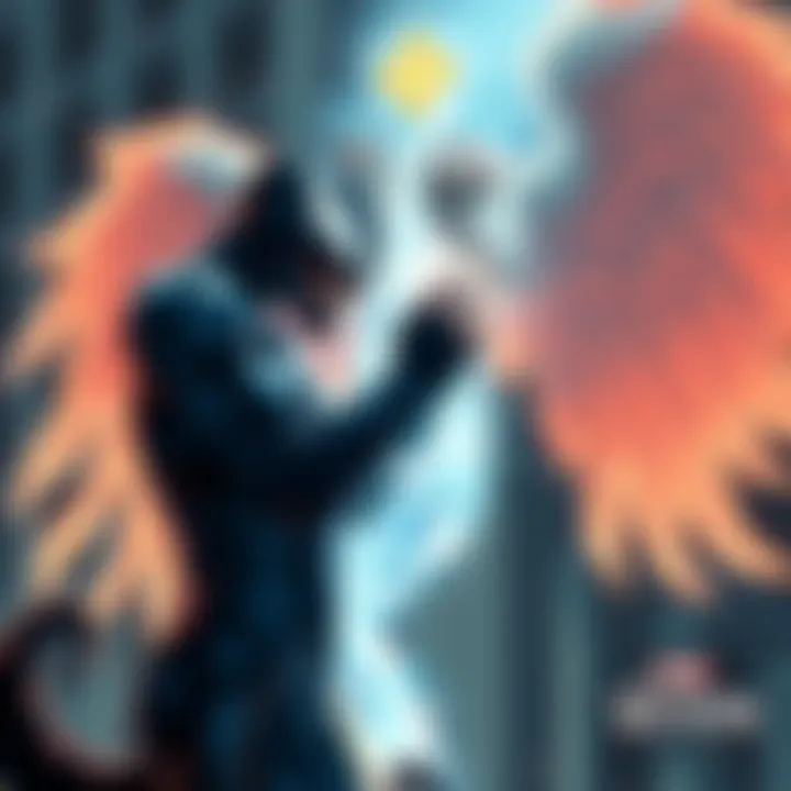 Venom and HGA Connection Venom interacts with a glowing, ethereal figure representing the Holy Guardian Angel, symbolizing their bond and spiritual journey.