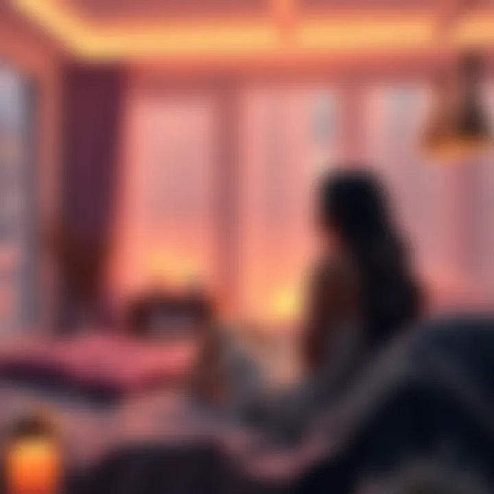 A peaceful scene depicting a cozy room with soft lighting, representing happiness and connection, with a figure reflecting on intimate relationships and joy.