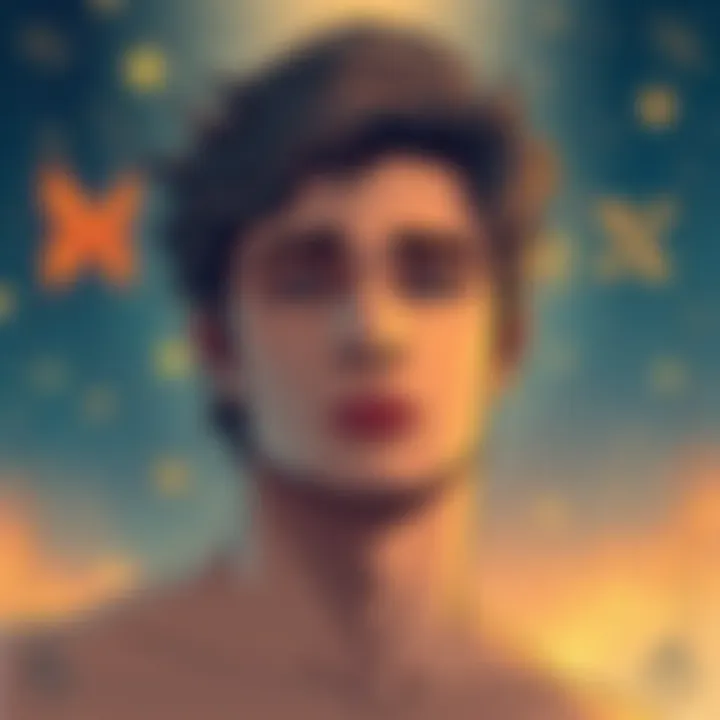 Illustration of a man with gentle features, set against a starry background representing Venus in Pisces, highlighting feminine traits and emotions.