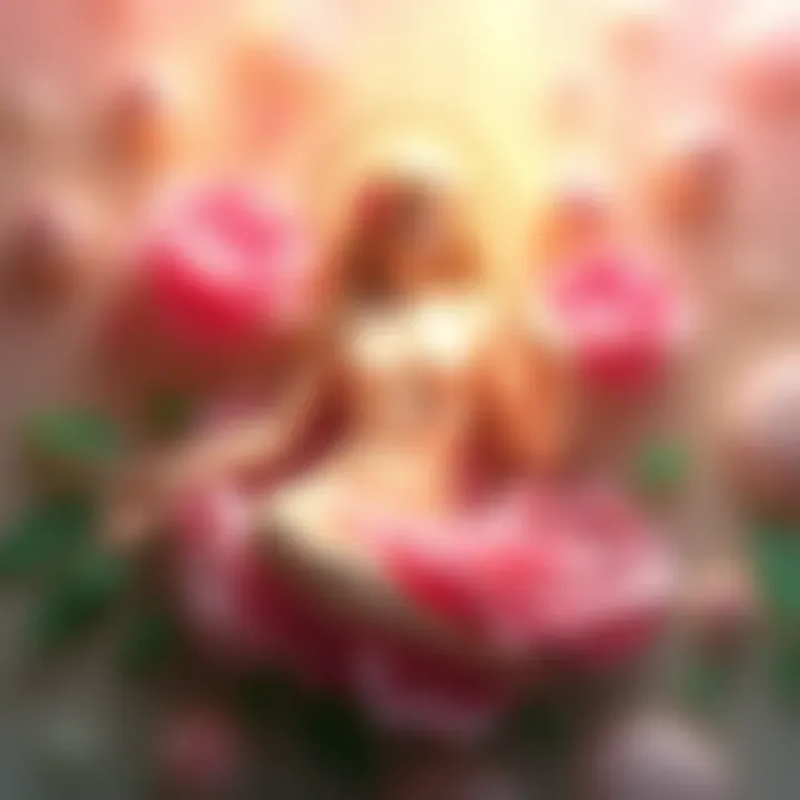 A serene depiction of Venus surrounded by soft pinks and greens, symbolizing self-love and personal care. She radiates warmth and affection, encouraging people to care for themselves first.