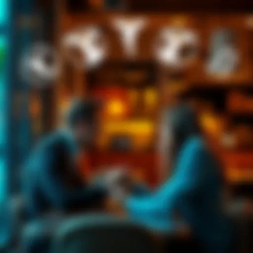 A couple flirting playfully in a cozy cafe, showing different Venus signs symbolically above their heads.