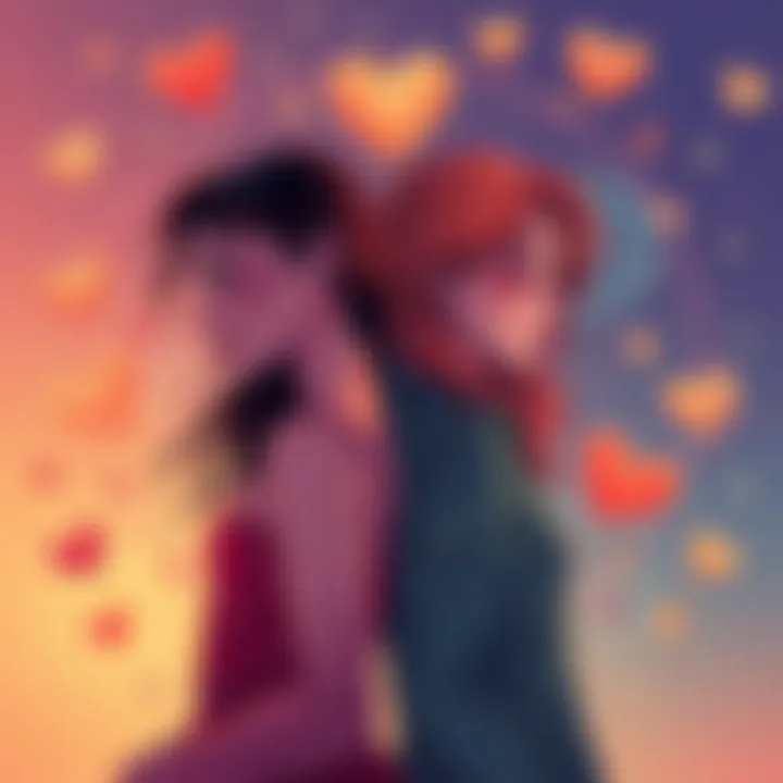 Venus Signs Attraction Illustration showing two people representing Cancer and Leo Venus signs, with hearts and stars around them, symbolizing emotional connections in romance.