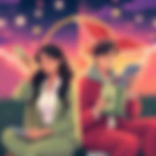 Illustration showing a split scene of two people, one frugal with money and the other spending lavishly, representing different Venus influences.