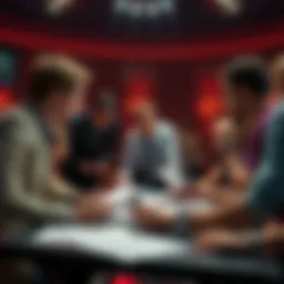 A group of people gathered around a table reviewing documents related to Venusian claims, with an emphasis on debate and discussion.