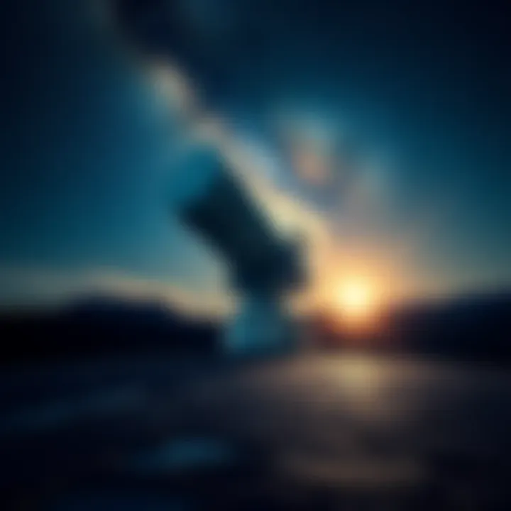 A large telescope at night, capturing images of stars and galaxies while under bright security lights, illustrating government restrictions.