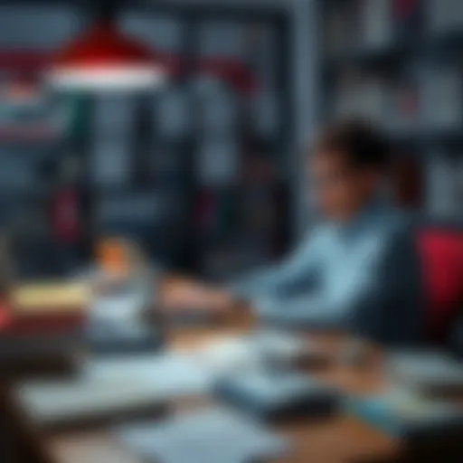 A person sitting at a desk, using a laptop to check sources and validate online information, surrounded by books and notes.