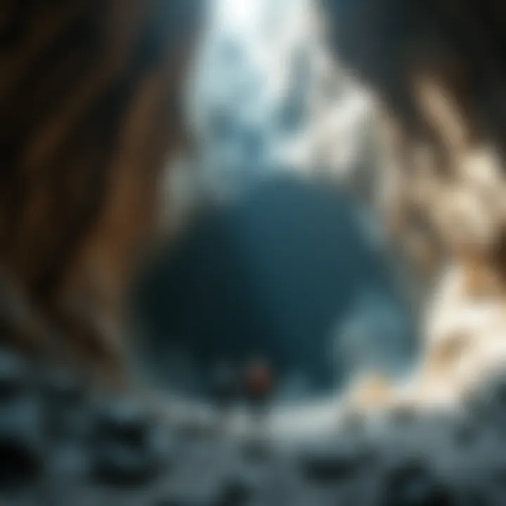 Adventurers exploring the deep entrance of Veryovkina Cave surrounded by rocky formations