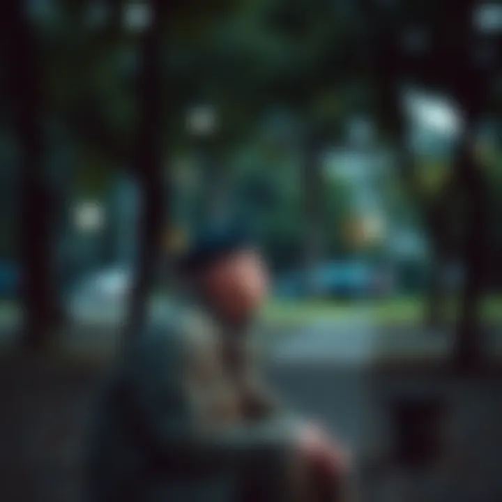 A military veteran sitting quietly in a park, looking contemplative with a distant gaze, highlighting feelings of searching for purpose and belonging.