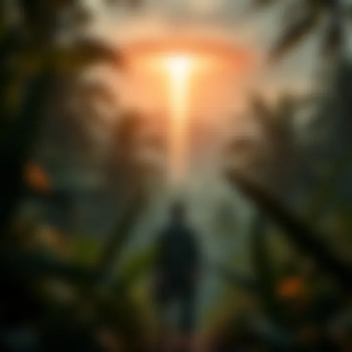 A Vietnam veteran stands in a dense jungle, looking up at a strange light in the sky, representing an alien encounter during the war.