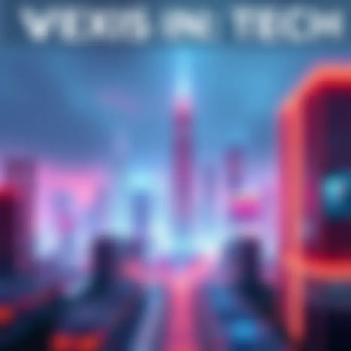 A futuristic city skyline representing Vexis's impact on technology and innovation, with bright lights and high-tech buildings