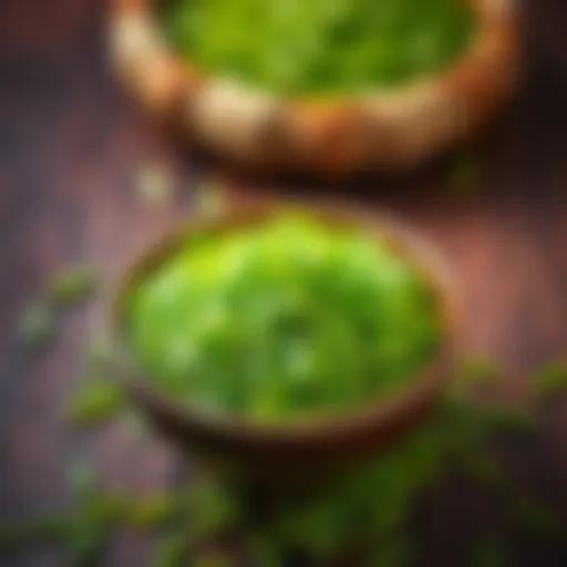 A close-up of a bowl filled with vibrant green money rice, showcasing its bright color and texture, ready for use in crafts or rituals.