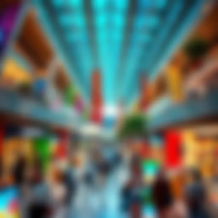 A lively indoor mall filled with people, colorful shops, and cheerful interactions among familiar faces
