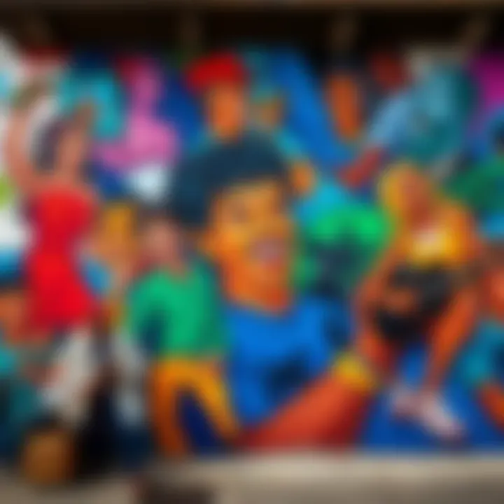 A vibrant mural depicting the struggle for freedom of expression A colorful mural illustrating diverse expressions of music and art, symbolizing the fight against censorship