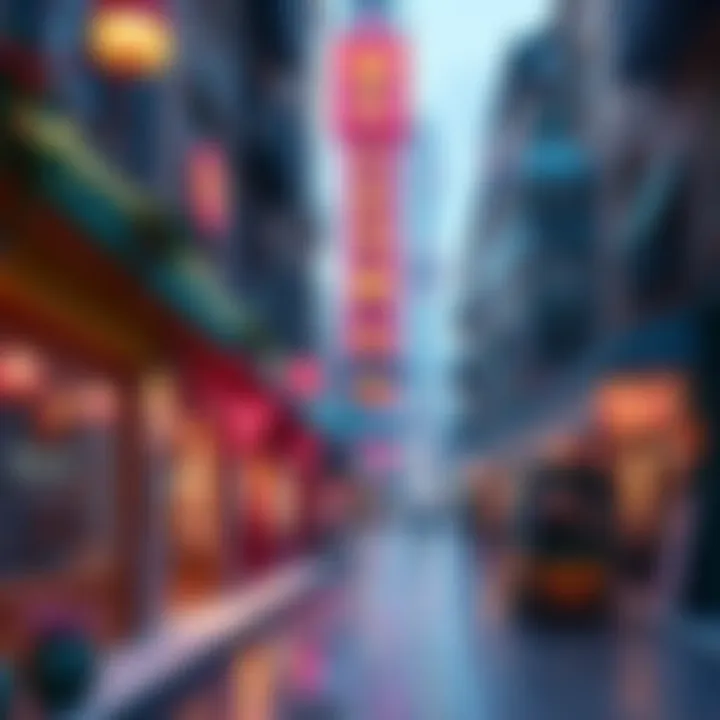 Vibrant Pisces Cityscape A colorful city inspired by Pisces featuring artistic storefronts, lively streets, and a mystical atmosphere filled with ocean-themed decor.