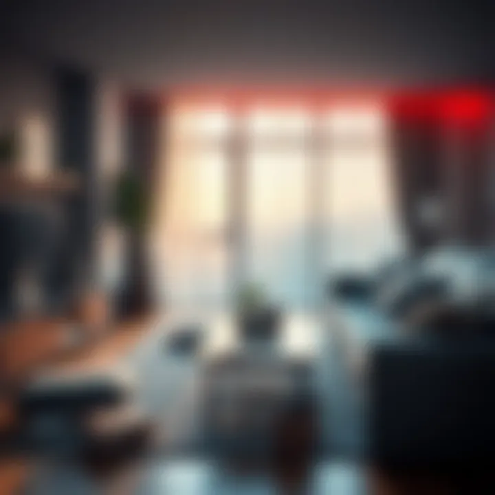 A living room with furniture shaking slightly due to vibrations from outside forces, with visible signs of disturbance like items slightly displaced.