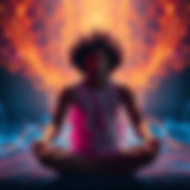 Person experiencing heightened vibrations Individual meditating with visible energy waves around them