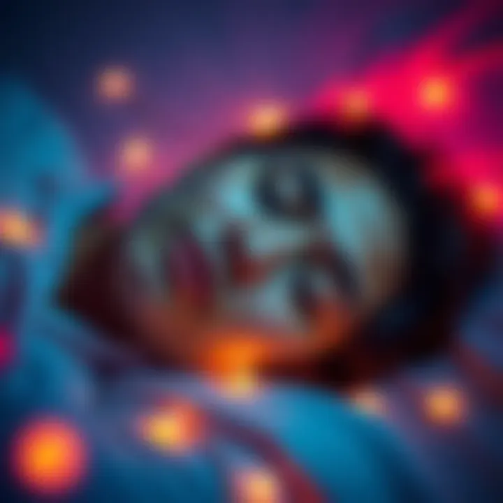 Individual lying down with a serene expression, surrounded by soft glowing lights, symbolizing the vibration phase during a projection attempt