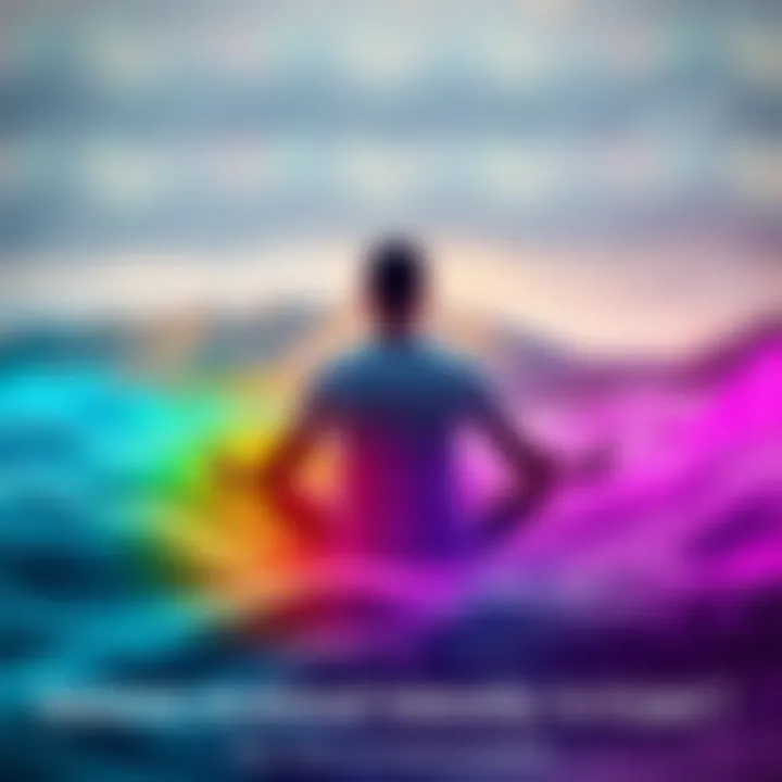 A person meditating amidst waves of colorful energy, representing heightened vibrations and sensations. The background shows a serene nature setting.