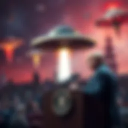 U.S. Vice President speaking at a podium with a backdrop of UFO imagery, addressing the crowd about UFOs and their potential link to demonic entities