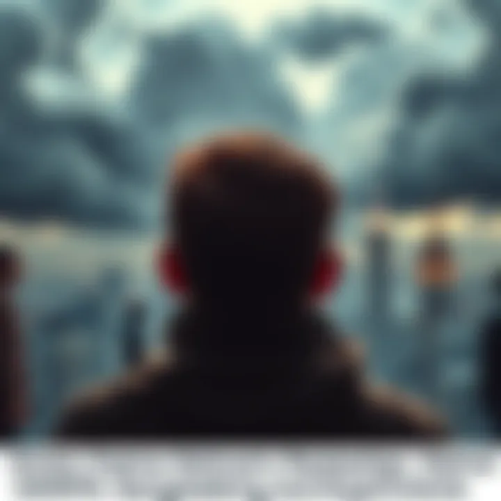 A person expressing distress while looking out at a cityscape, symbolizing feelings of being watched and targeted. The background shows dark clouds and shadowy figures, suggesting danger and intimidat...