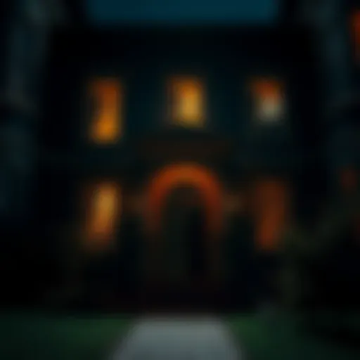 A dark Victorian house with a slightly open door, creating an eerie atmosphere. Shadows can be seen in the windows, suggesting something may be inside.
