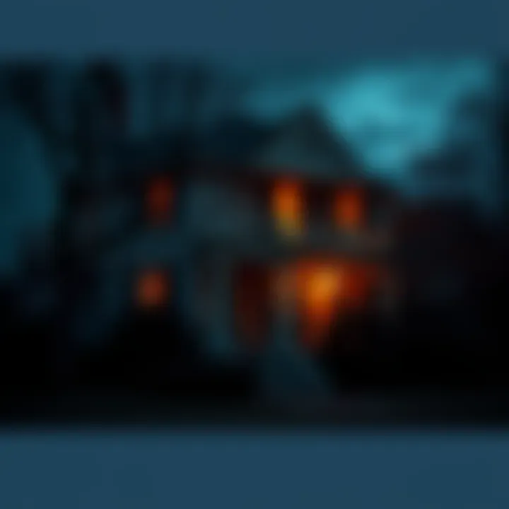 Victorian House at Dusk A spooky Victorian house surrounded by trees at dusk with shadows and a faint light in a window