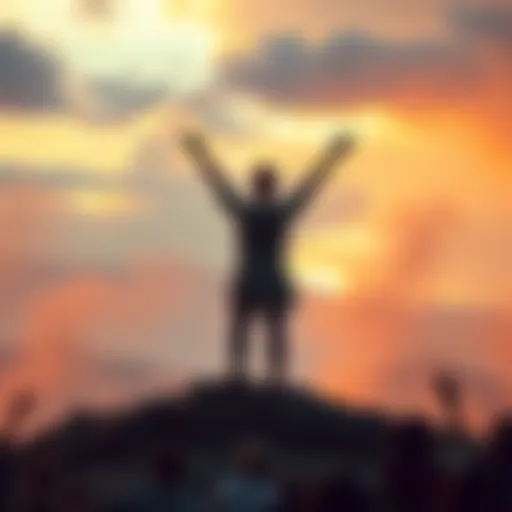 Person celebrating victory A person stands confidently on a hill, arms raised in celebration, as a crowd watches below, representing triumph over critics.