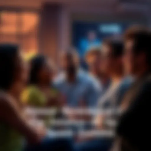 A group of diverse people discussing and reacting to a recent show, with animated expressions and gestures