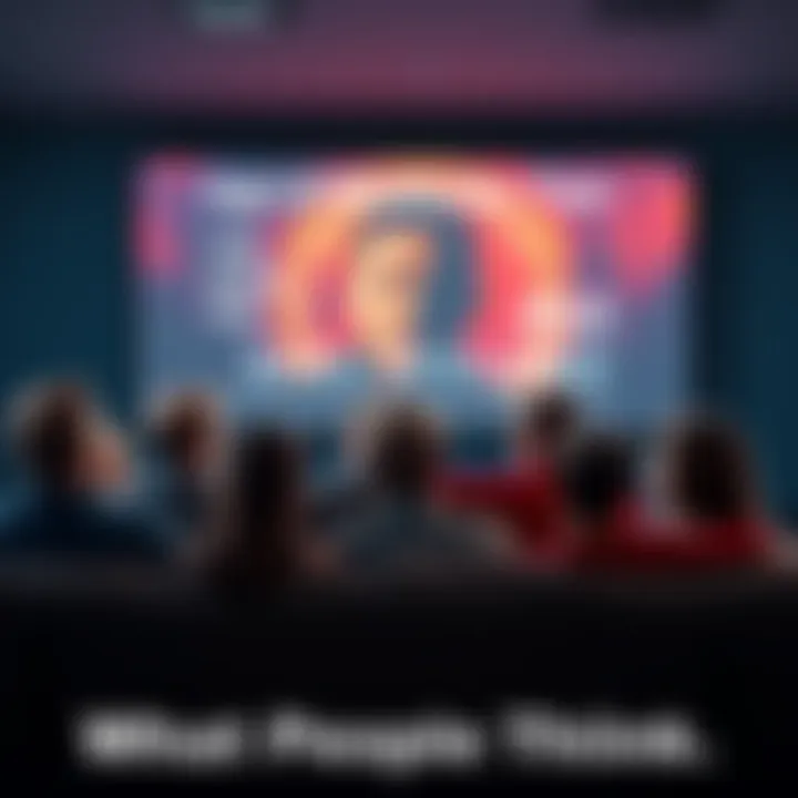 A group of people sitting together on a couch, watching the Age of Disclosure documentary on a large screen. Some look engaged, while others appear skeptical.