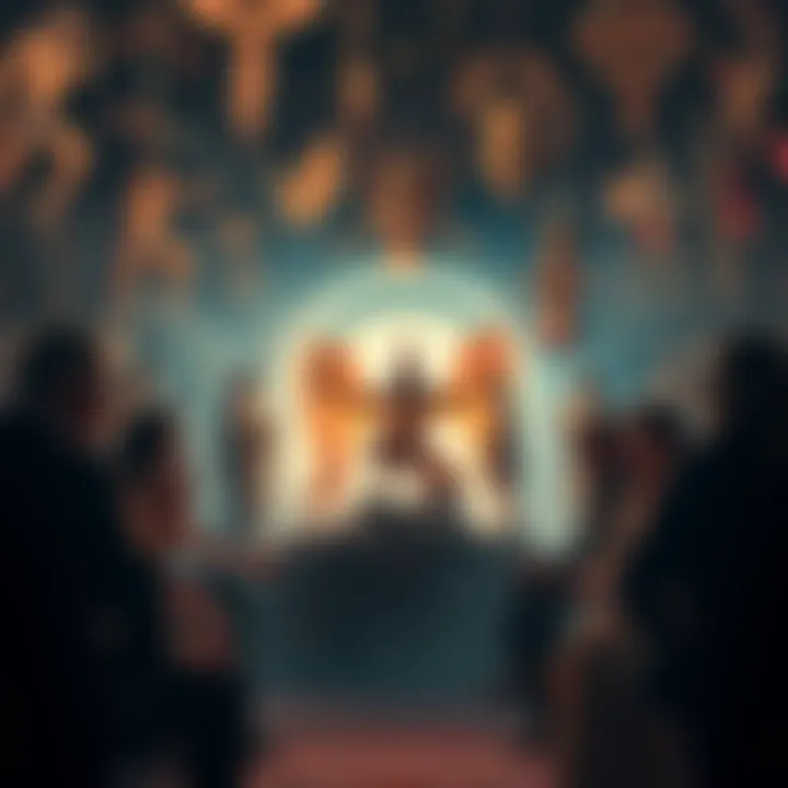 A diverse group of people discussing their beliefs about the afterlife, with symbols from different pantheons like Hellenic and indigenous traditions present in the background.