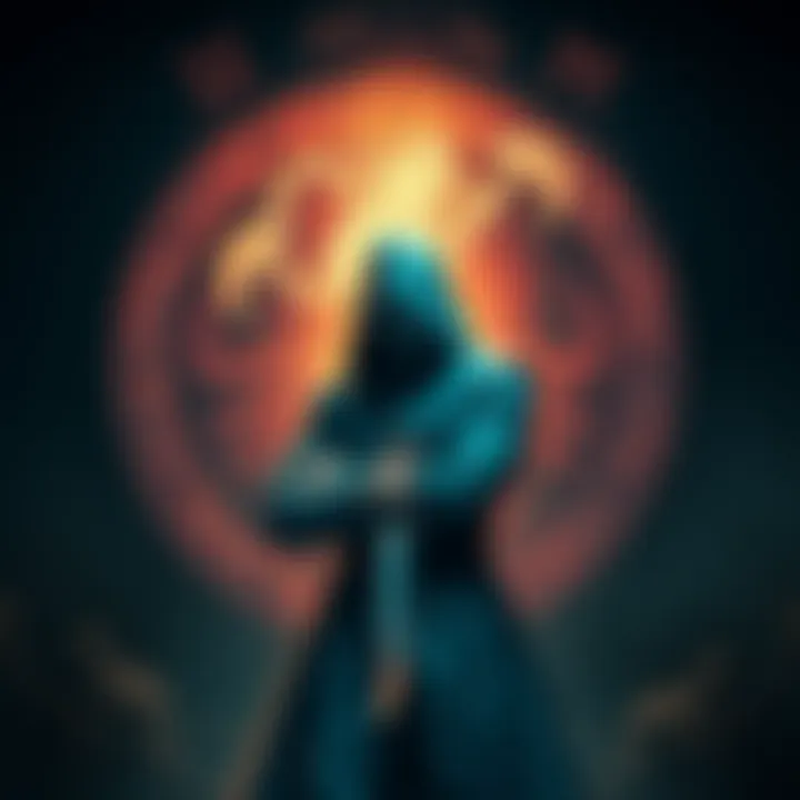 A figure representing a vigilante stands against a backdrop of astrological symbols, highlighting Scorpio and Aquarius. The character has a determined expression, holding a knife, symbolizing a dual nature of justice and darkness.