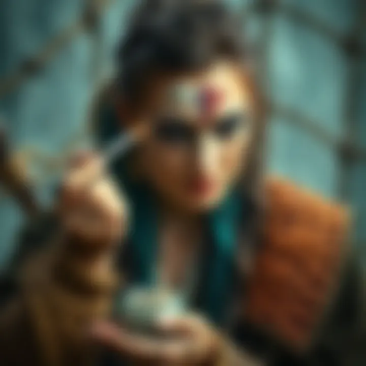 A Viking woman applying natural makeup using crushed minerals and herbs, surrounded by elements of nature
