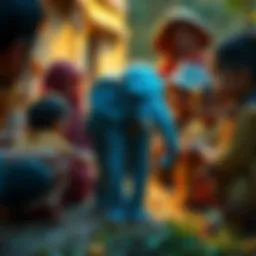 A group of villagers looking at a small blue bipedal creature resembling an elephant, with children nearby