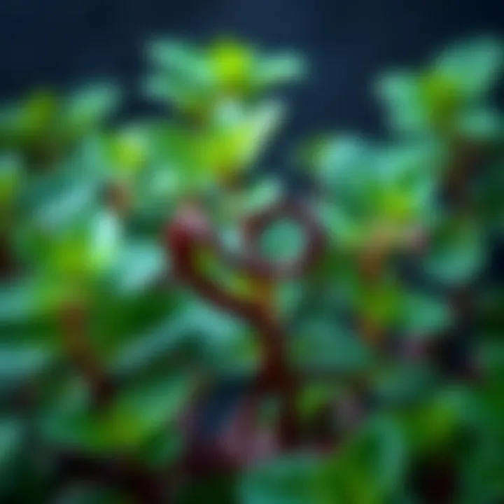 A close-up of a mint plant with a strange vine spiraling around its stems and leaves.