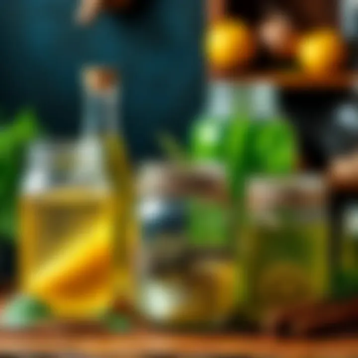 A collection of sour jars filled with vinegar, herbs, and spices used for refreshing spells, arranged on a wooden table.