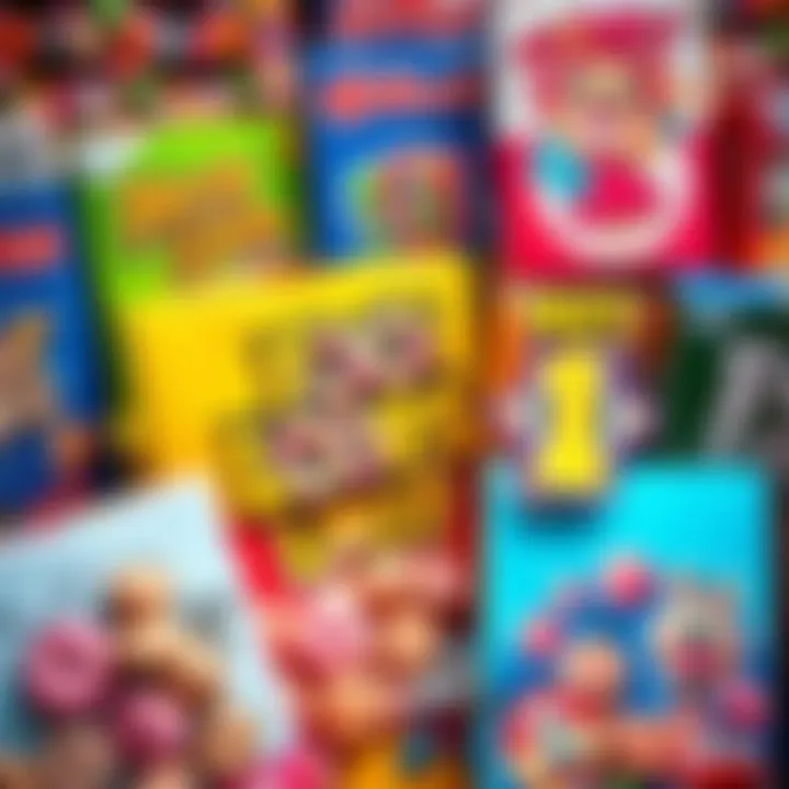 Vintage Froot Loops Cereal Boxes A collection of colorful vintage Froot Loops cereal boxes showcasing various designs through the years