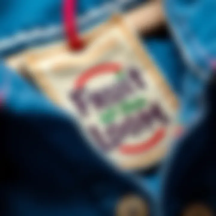 A close-up of a vintage Fruit of the Loom tag showing its unique design and stitching