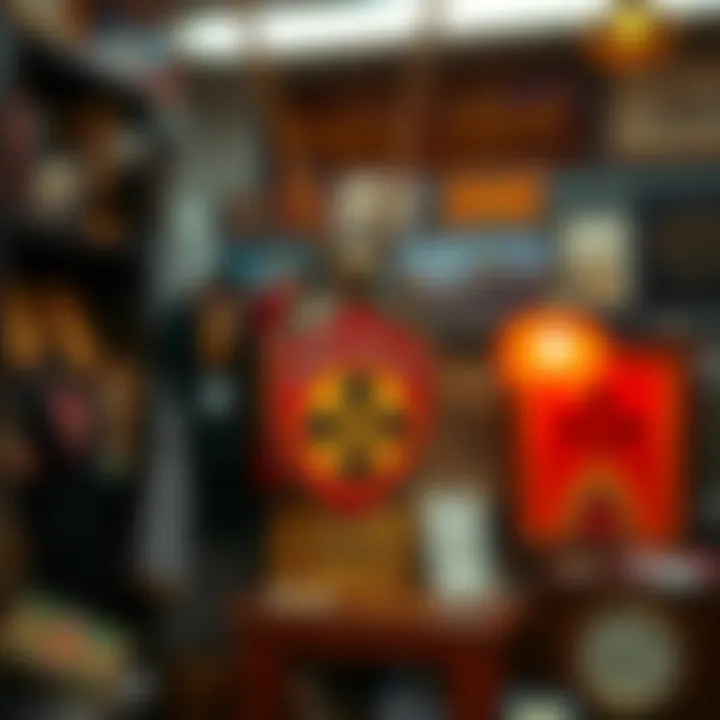 A close-up of a vintage necklace showing a controversial symbol, set against a blurred background of a vintage shop.