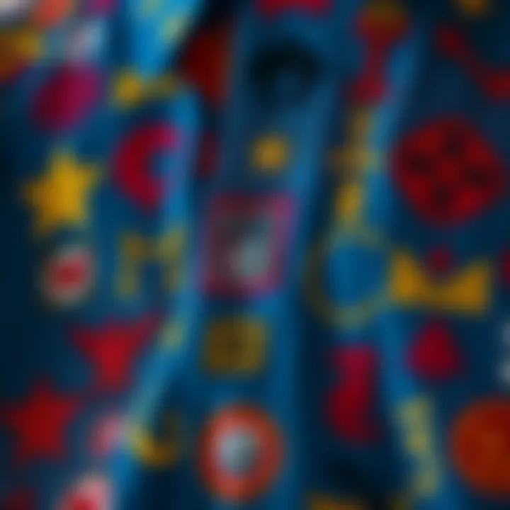 Close-up of a colorful vintage shirt from the 1970s, showcasing a variety of distinct symbols and patterns arranged across the fabric.