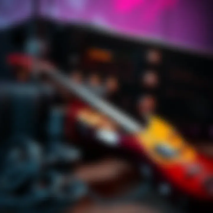 A vintage audio receiver from the 70s with a bass guitar that has fallen beside it, suggesting unexpected paranormal activity.