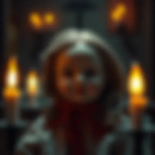 An antique wooden doll with painted features, looking unsettling in a dimly lit room, surrounded by flickering candles.