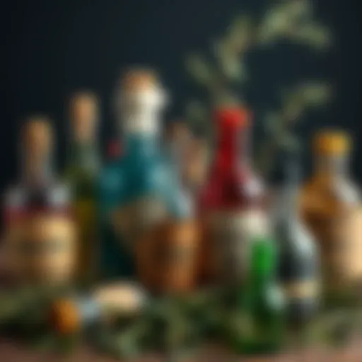 A collection of old poison bottles in various shapes and sizes, showcasing their unique labels and colors, surrounded by herbs.