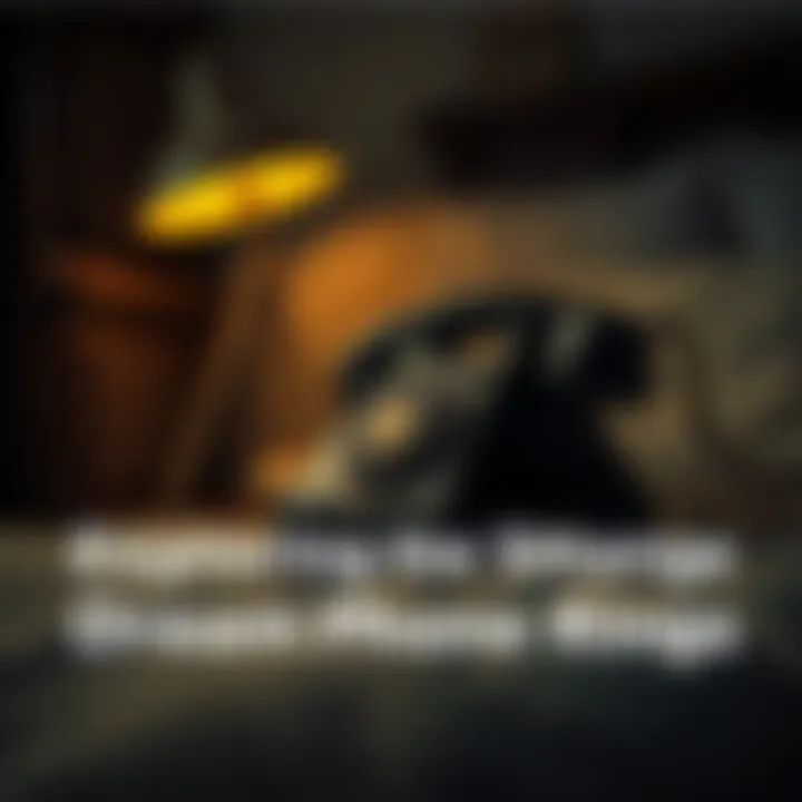 A vintage rotary phone on a bedside table, ringing in a dimly lit room as a person wakes up surprised.