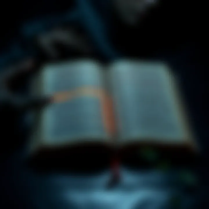 An open Bible with highlighted verses about violence, surrounded by dark shadows representing troubling themes.