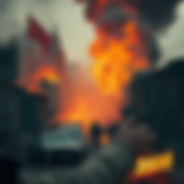 Violent Unrest in 2020 A chaotic scene depicting a city under attack with flames and smoke, highlighting the destruction and chaos during the 2020 unrest.